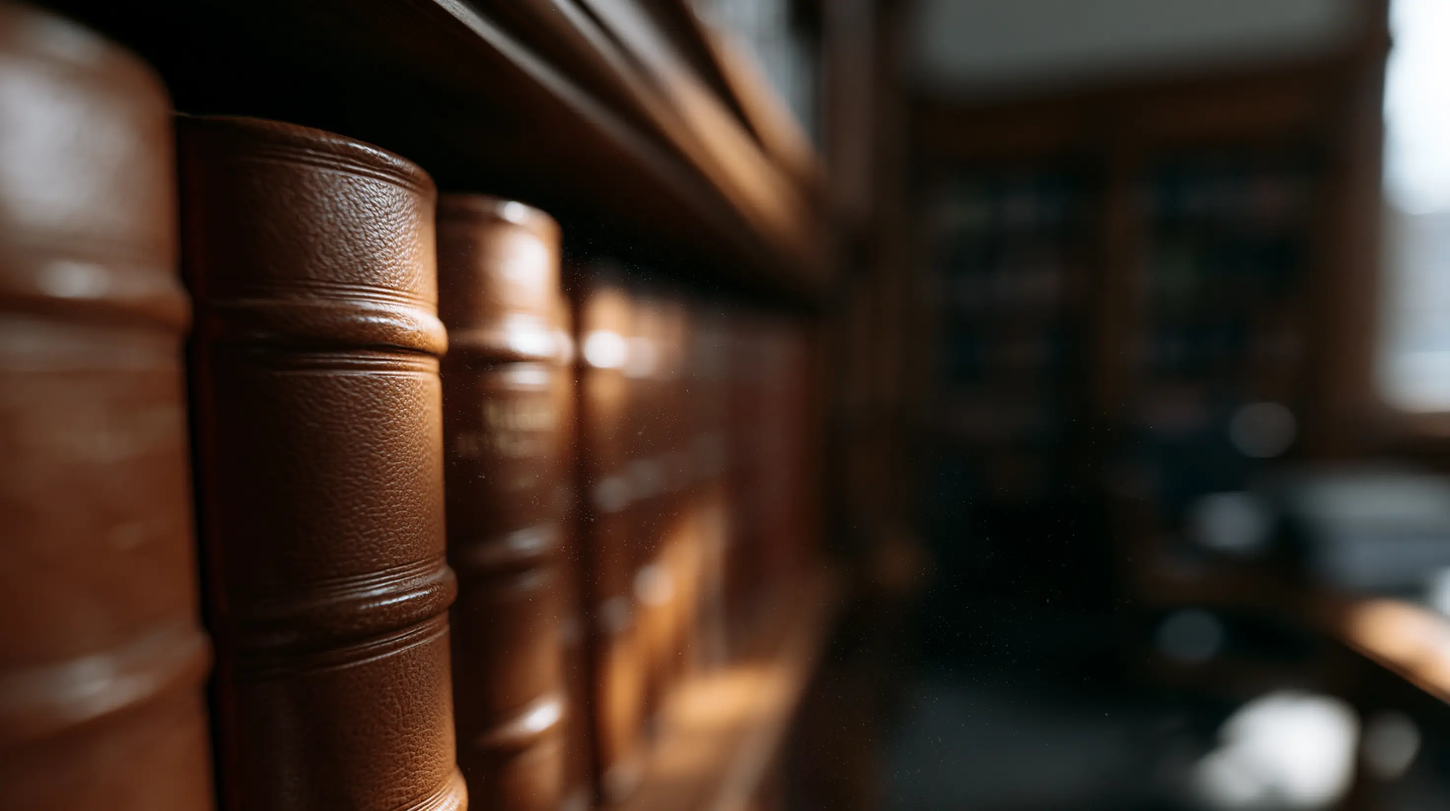 Rangée de livres de droit reliés en cuir sur une étagère de bibliothèque juridique