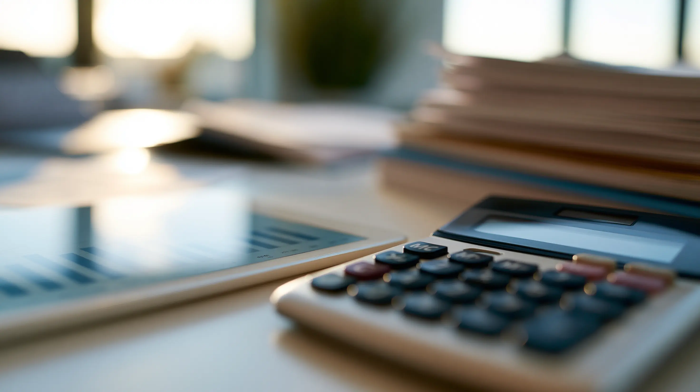 Calculatrice, tablette affichant des graphiques et dossiers pour l’analyse d’une transaction immobilière